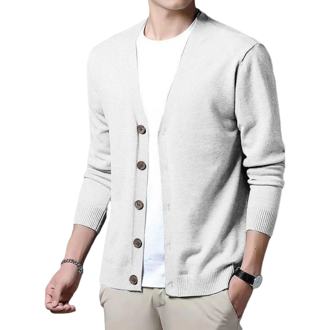 Men's V Neck Cardigan Sweater Single Breasted Ribbed Knitted
