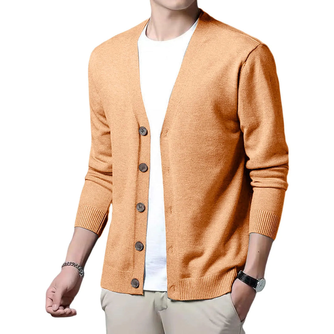 Men's V Neck Cardigan Sweater Single Breasted Ribbed Knitted