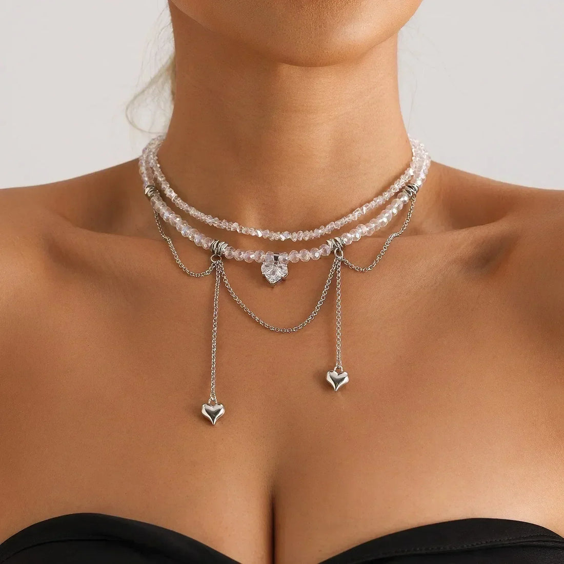 Fashion Heart Beaded Necklace for Women Boho Elegant Irregular Crystal Chain Y2K Choker Exquisite Party Gift Jewelry Accessories