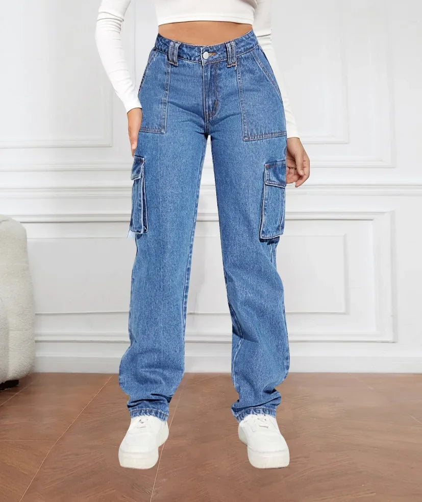 American Retro Mid-waist Multi-pocket Cargo Pants Jeans