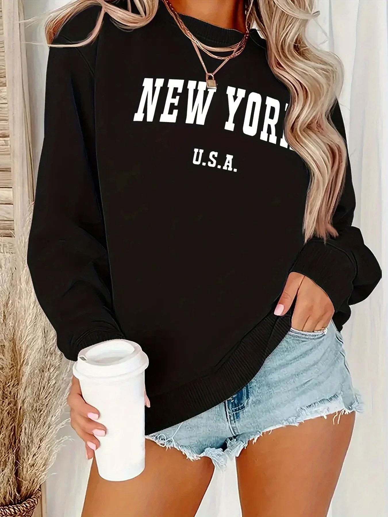 Women's Casual USA Print Pullover Sweatshirt Geometric Design Long Sleeve Round Neck Machine Washable Regular Fit for Autum