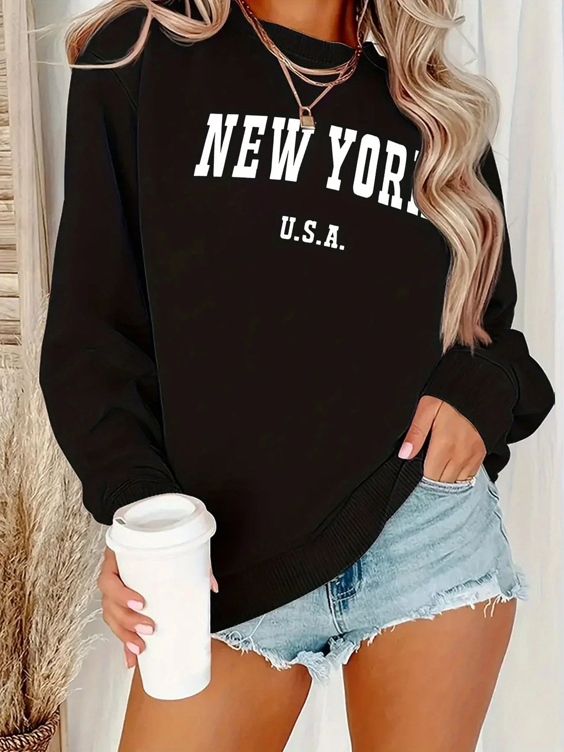 Women's Casual USA Print Pullover Sweatshirt Geometric Design Long Sleeve Round Neck Machine Washable Regular Fit for Autum
