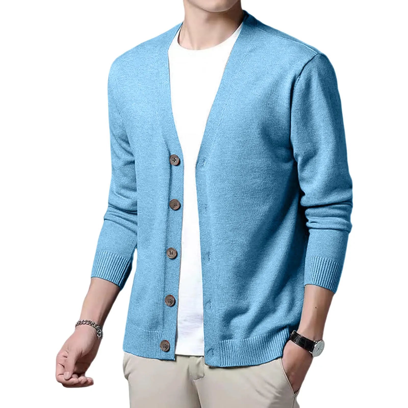 Men's V Neck Cardigan Sweater Single Breasted Ribbed Knitted