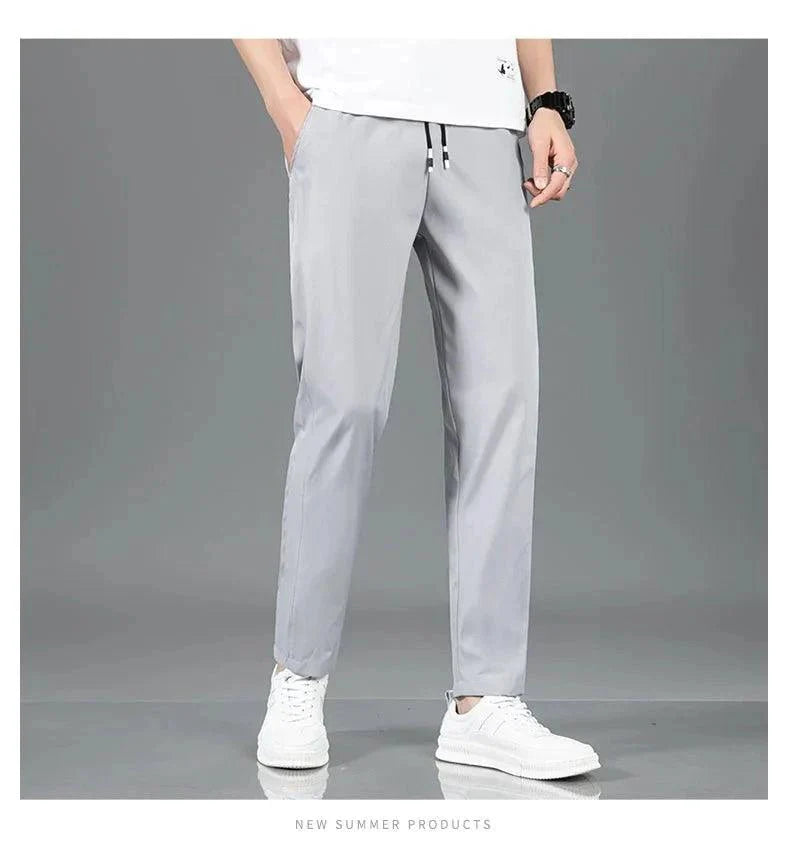 Ice Silk Men's Pants 2025 Summer New Black Gray Thin Business Casual Pants Outdoor Elastic Breathable Straight Leg Sweatpants