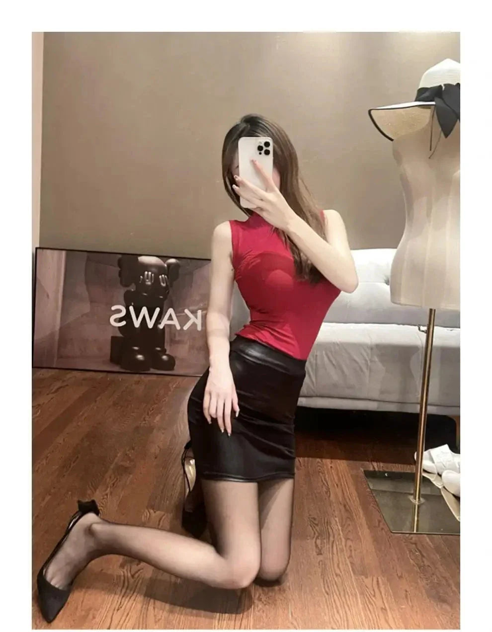 Mandotos Black Imitation Leather Pencil Mini Skirt High Waist Korean Fashion Women Wholesale Summer
