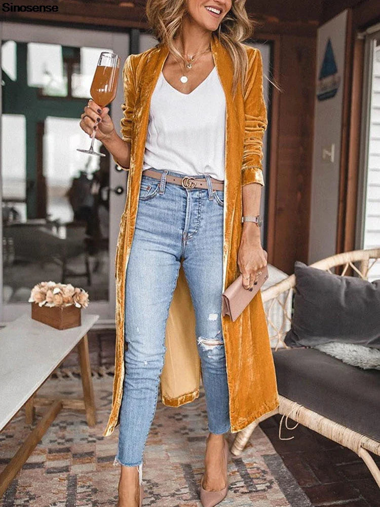 Women Solid Long Sleeve Velvet Jacket With Pockets