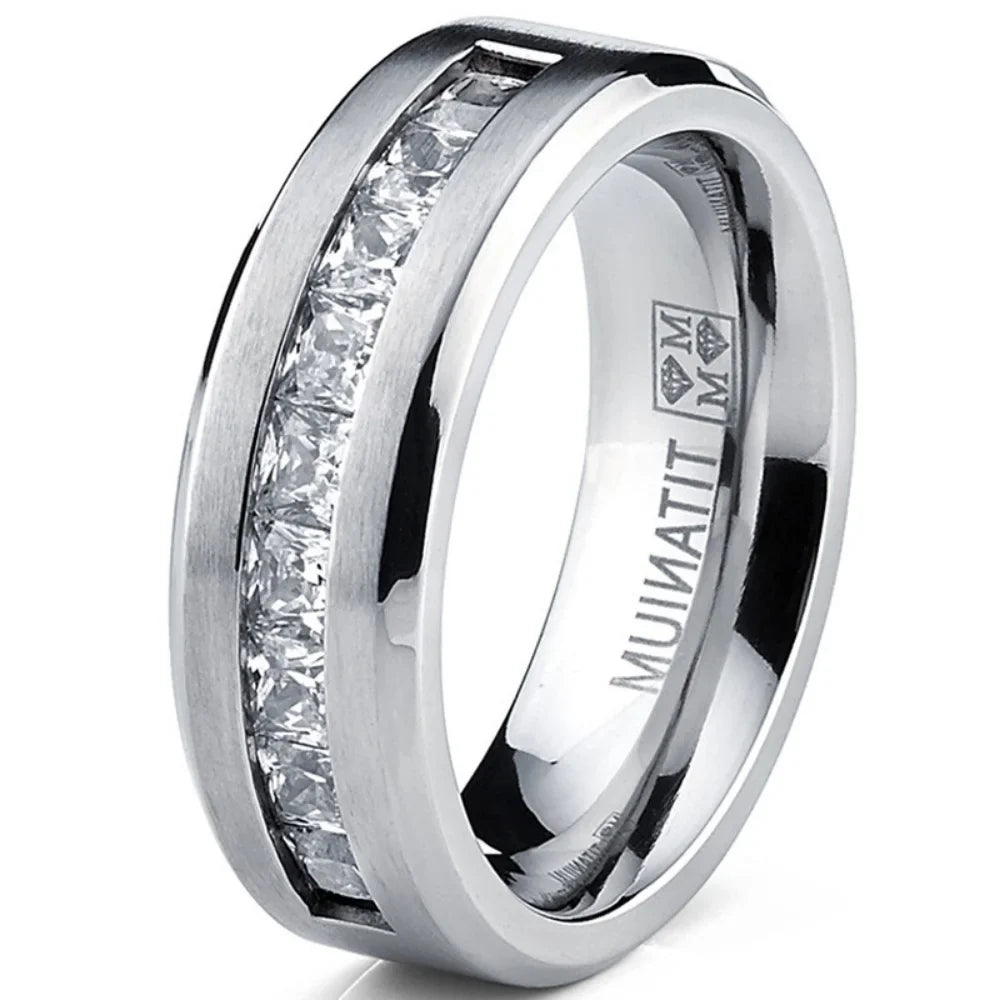 Silver Plated Stainless Steel Rings for Men Square Cubic Zircon