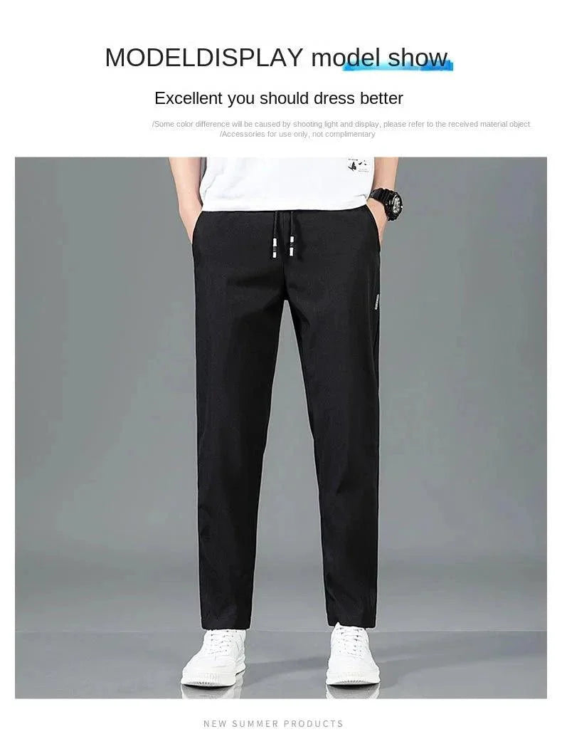 Ice Silk Men's Pants 2025 Summer New Black Gray Thin Business Casual Pants Outdoor Elastic Breathable Straight Leg Sweatpants