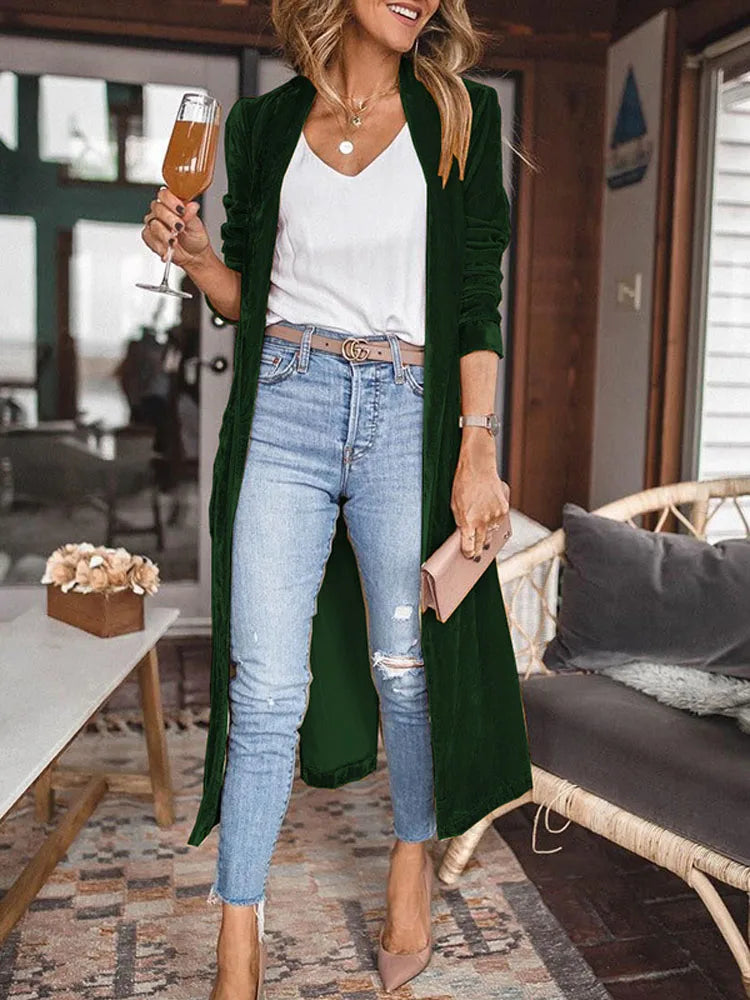 Women Solid Long Sleeve Velvet Jacket With Pockets