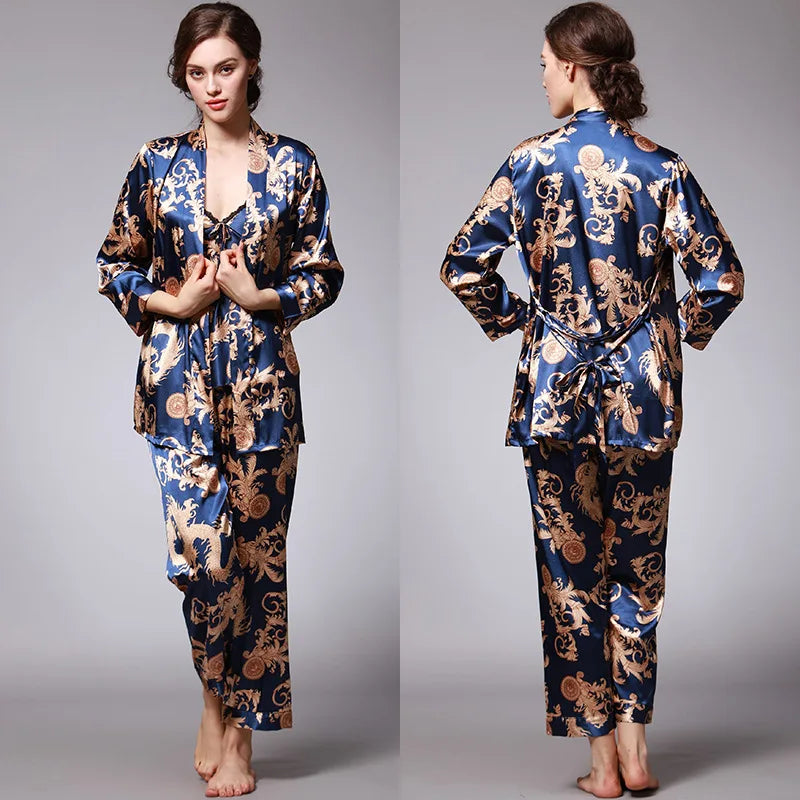 Women's Silk Satin Pajamas Set 3 Pcs Floral Silky Sets Sleepwear