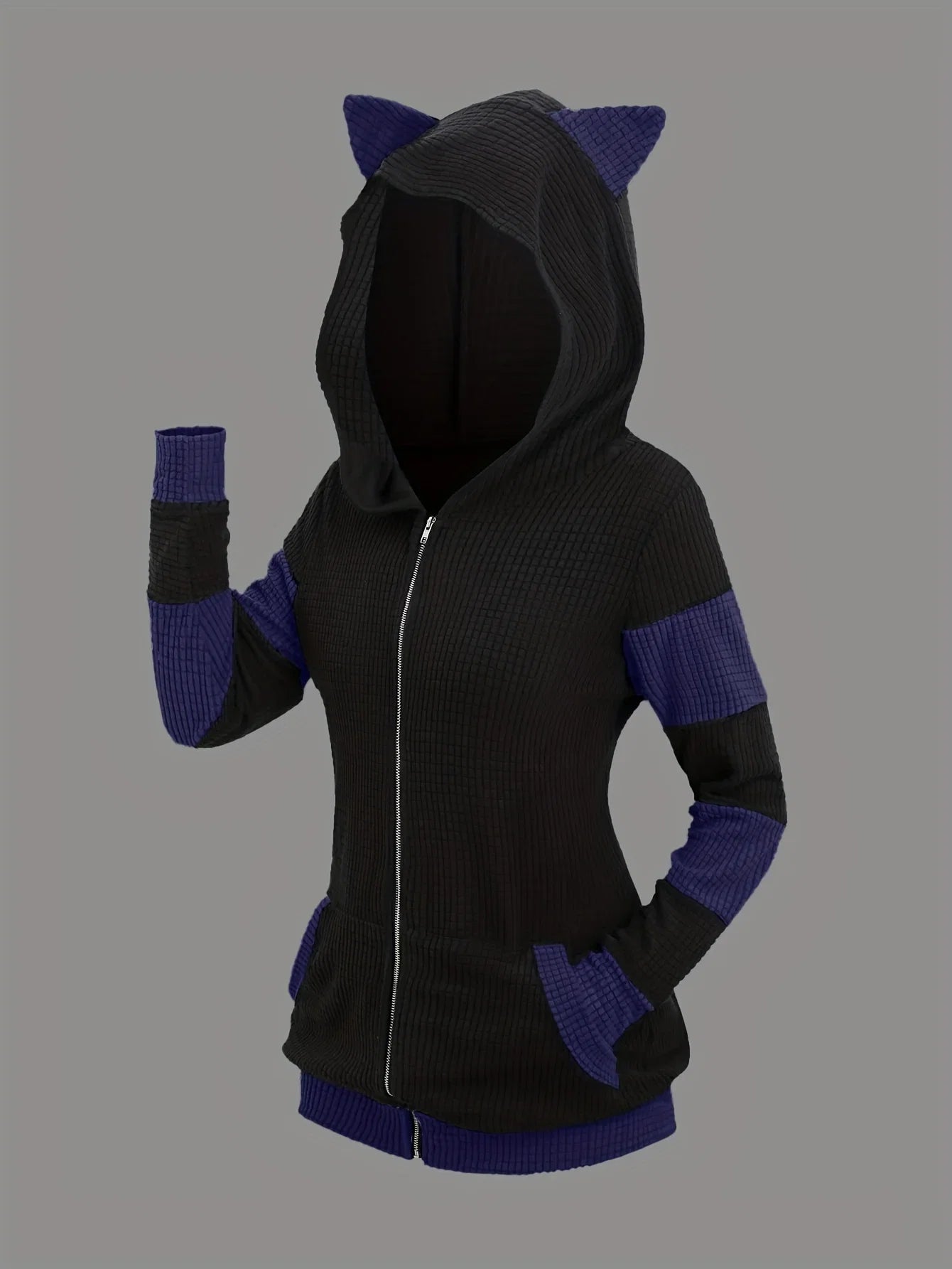 2024 European and American fashion women's new thick cat ears in autumn and winter long color matching hooded sweater coat
