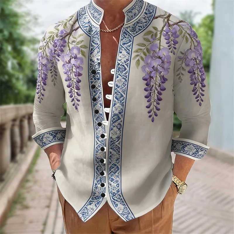 Men's long sleeved shirt with Harajuku style 3D flower print