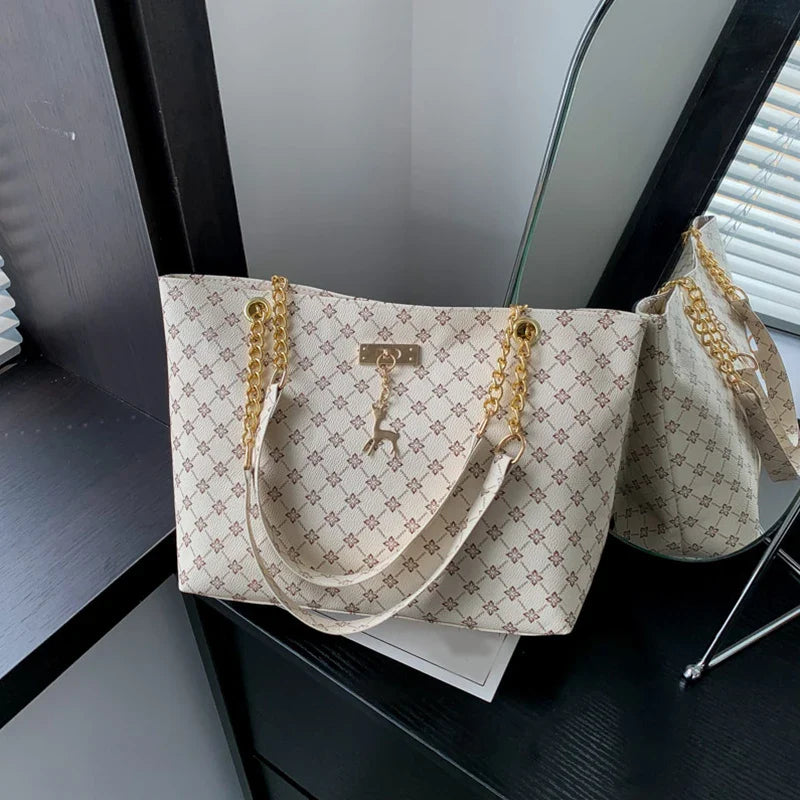 Women Soft Leather Large Capacity Tote Handbag With Hanging Accessories Shoulder Bag