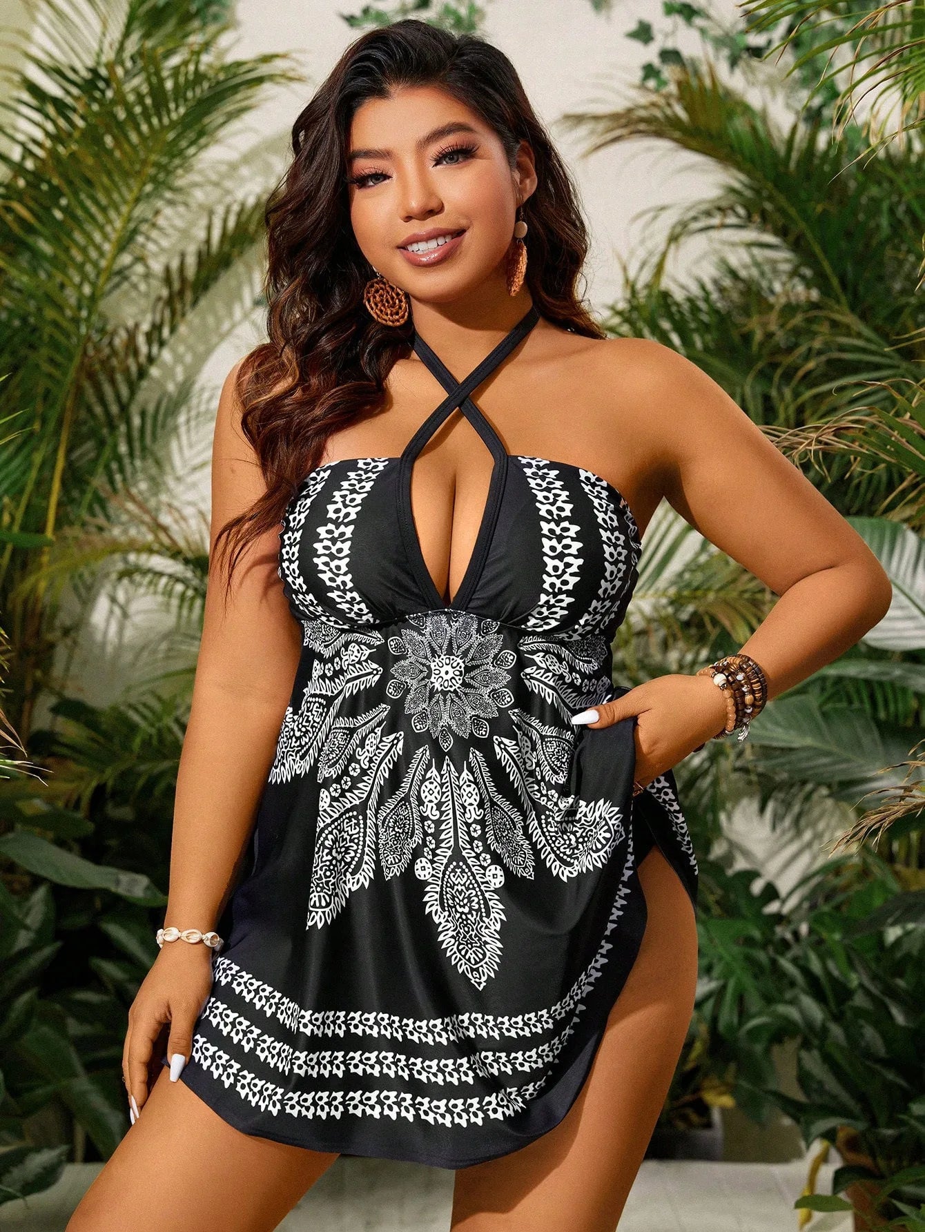 Plus Size Vintage Printed Tankini Swimdress Two Piece Swimsuit