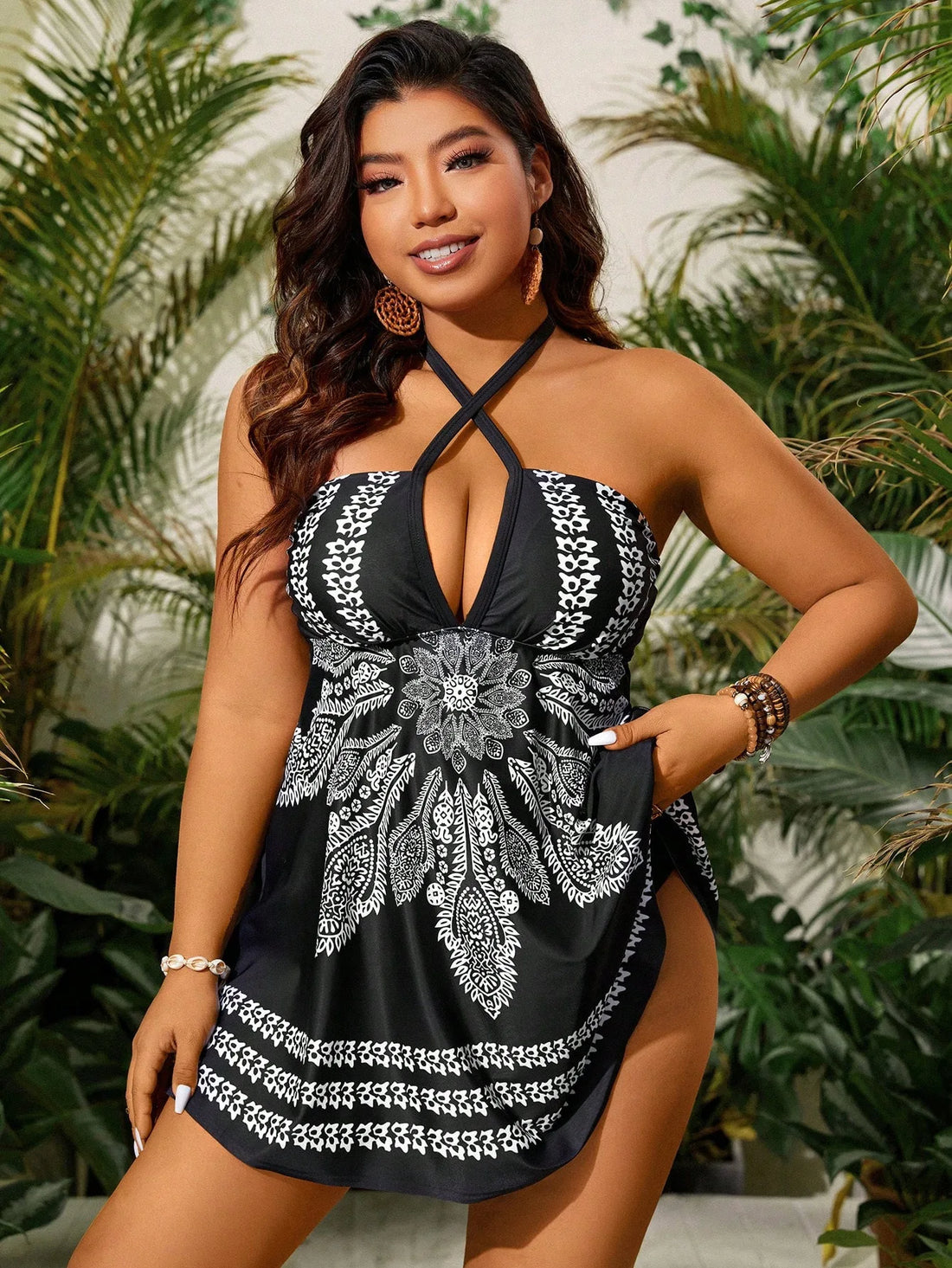 Plus Size Vintage Printed Tankini Swimdress Two Piece Swimsuit
