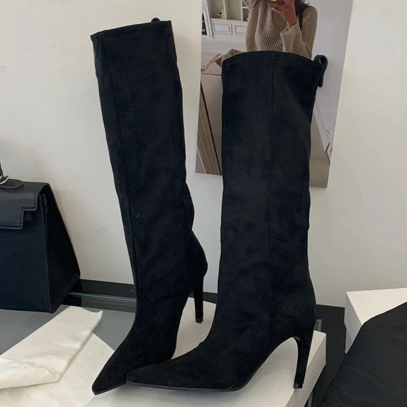Aneikeh Fashion Winter Pointed Toe Knee-High Women Boots Thin Heels Shoes Female Punk Long Booties Zapatos De Muje