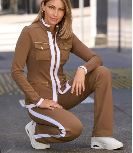 Spring Autumn Two Piece Women Suit Pencil Pant & Zipper Sweater