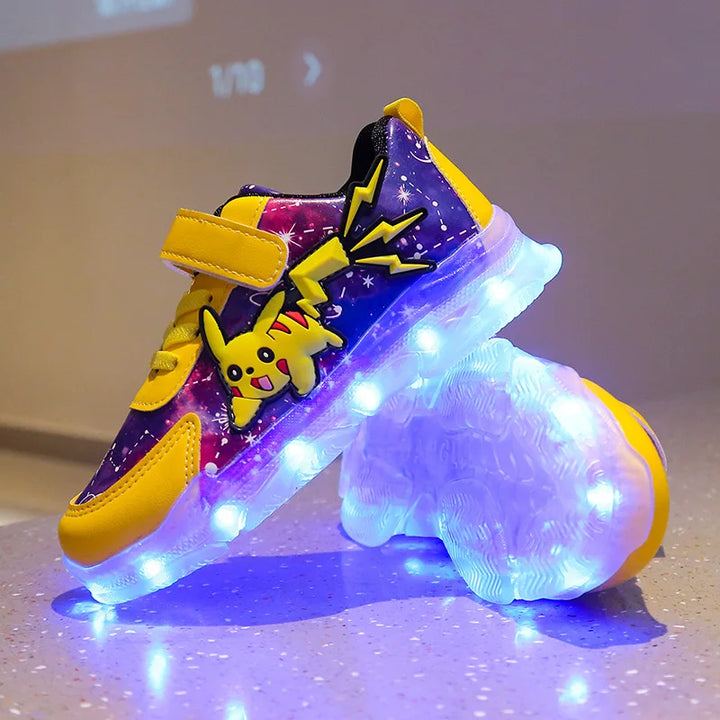 Kid’s Casual Shoes Boys Rechargeable Cartoon PU Leather Spring Fashion Flat Bottom Anti-slip Sneakers Yellow Size 25-36