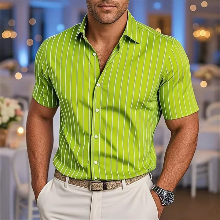 Men's Fashion Striped Loose Short Sleeve Shirt Casual Breathable Lapel Button Shirt Soft and Comfortable