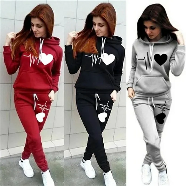 Heart Print Plus Size Hoodie & Sweatpants Set