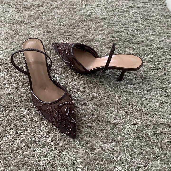 2026 String Bead Mesh Embroider Slingback High Heels Women Sexy Pointed Toe Heeled Sandals Summer Elegant Luxury Designer Shoes