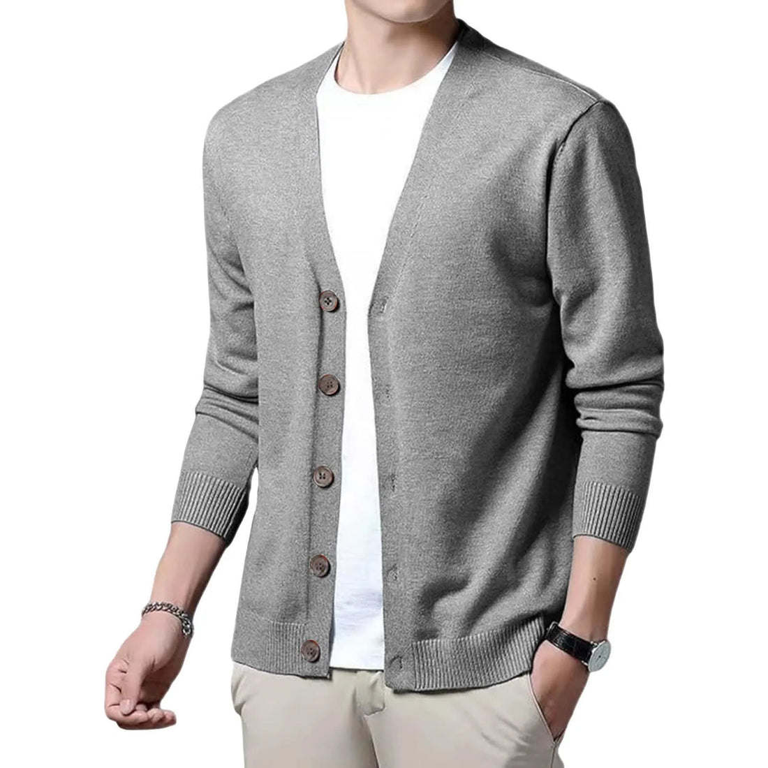 Men's V Neck Cardigan Sweater Single Breasted Ribbed Knitted