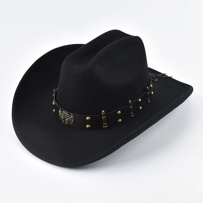 Men Women Western Cowboy Hat with Leather Vintage Big-edge Gentleman Cowgirl Hat Cloche Church Caps
