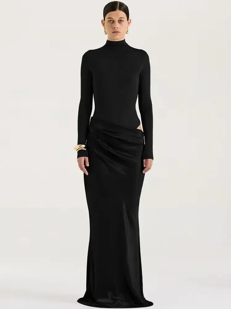 JULISSA MO Satin Sexy Hollow Out Women Maxi Dress Black Sleeveless High Waist Dress Female Autumn Skinny Elegant Party Clubwear