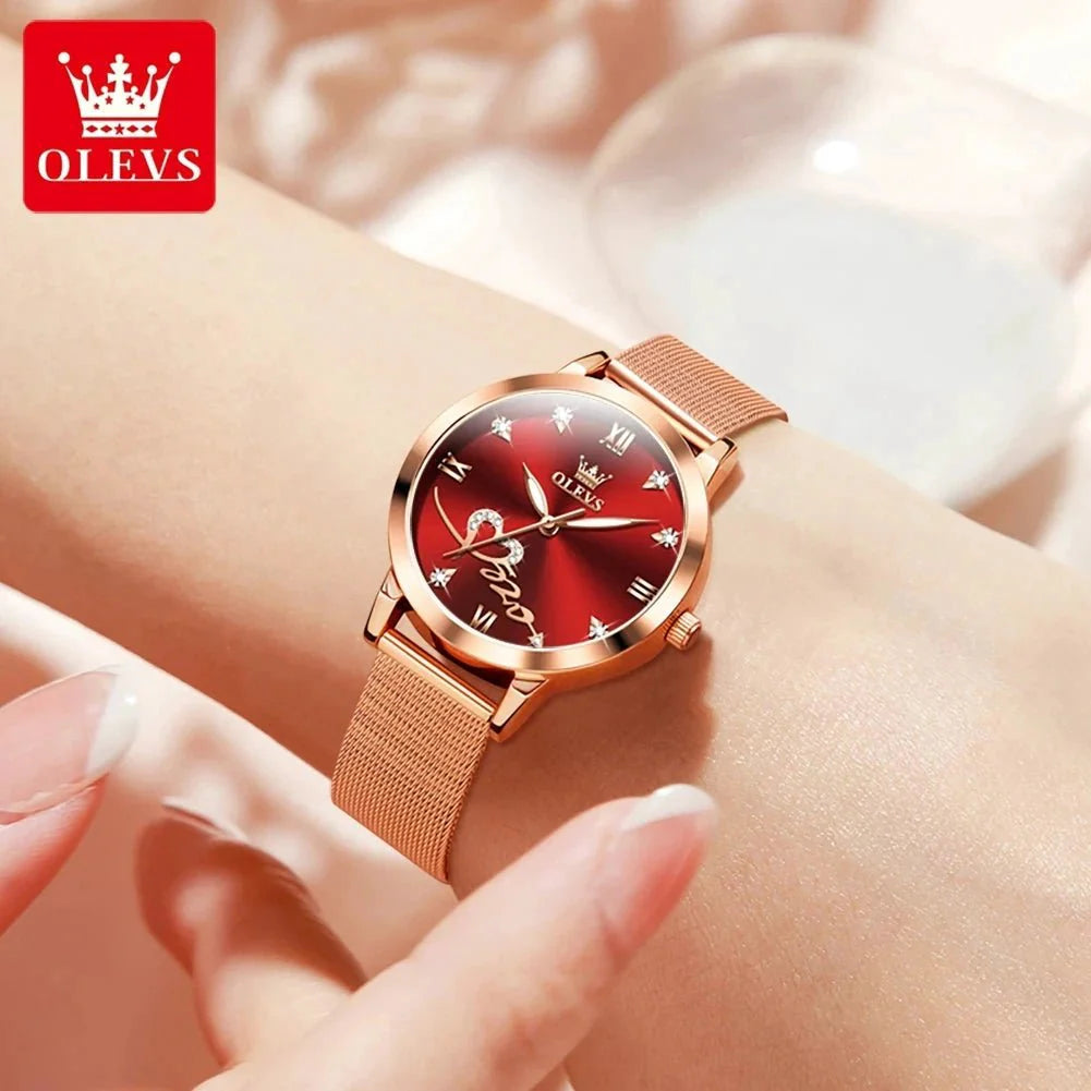 OLEVS Luxury Fashion Ladies' Watches Rose Gold Top Brand Original Quartz Watch for Women Stainless Steel Mesh Strap Love Dial