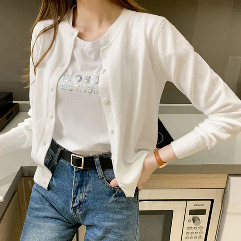 Rimocy Knitted Cardigan Jacket Women 2025 Spring Autumn Round Neck Casual Cardigans Woman Solid Color Slim Korean Jumpers Female