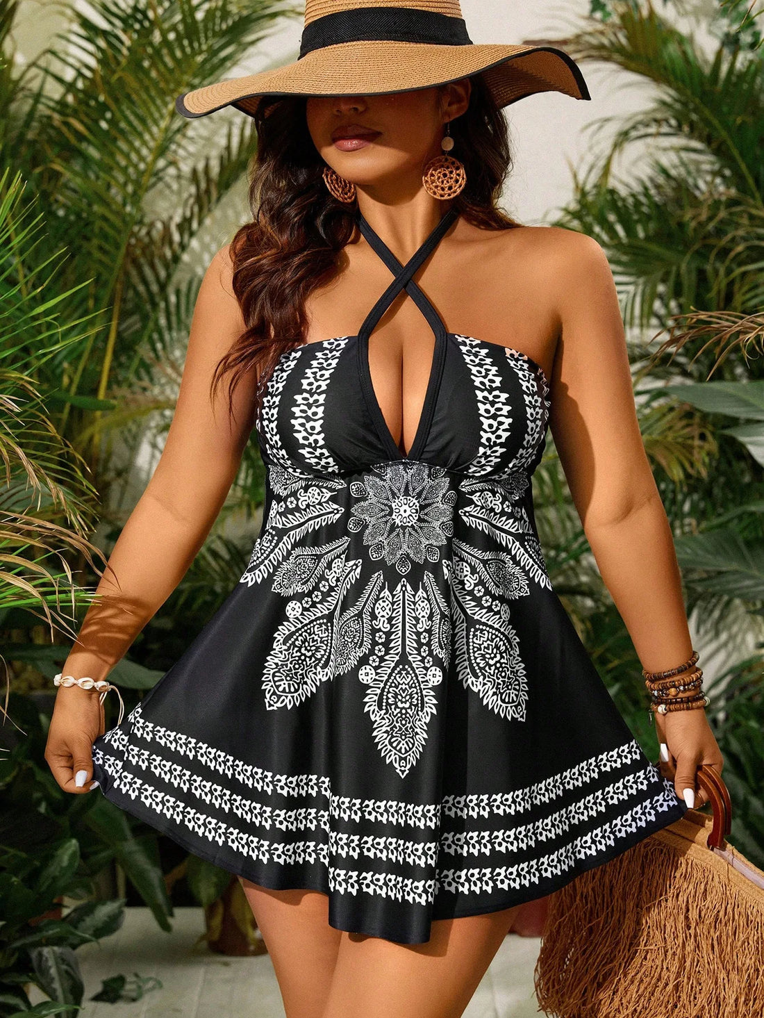 Plus Size Vintage Printed Tankini Swimdress Two Piece Swimsuit