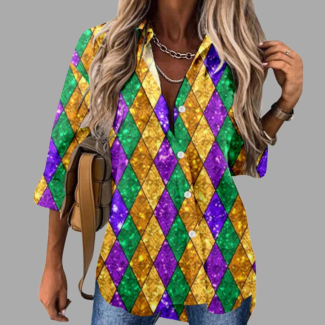🎭 Mardi Gras Women's V-Neck Long Sleeve Carnival Print Shirt