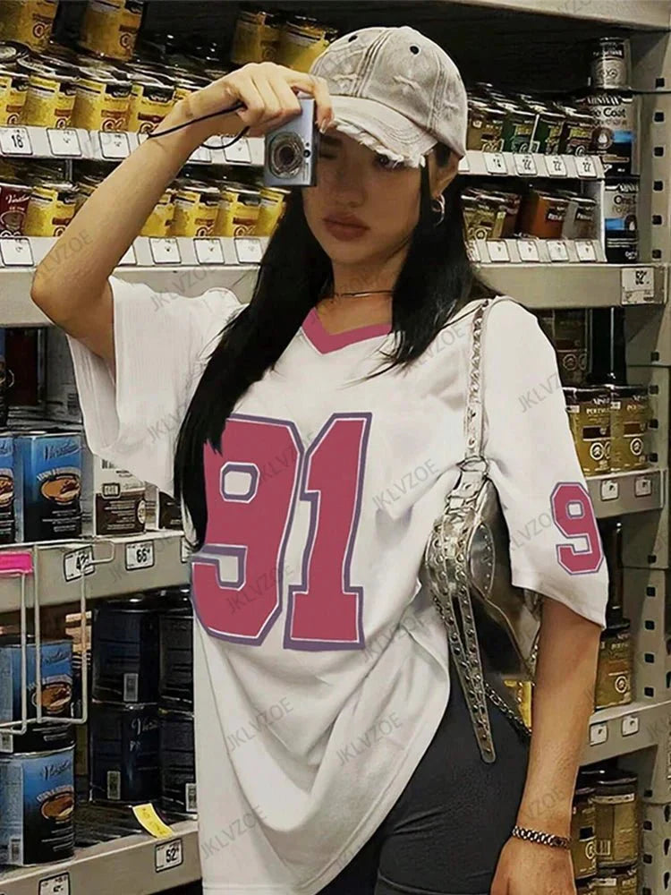 Summer New Retro No.91 Printed T-Shirt For Women V-Neck Short Sleeve Sports Football Jersey Y2K Loose Oversized Tops
