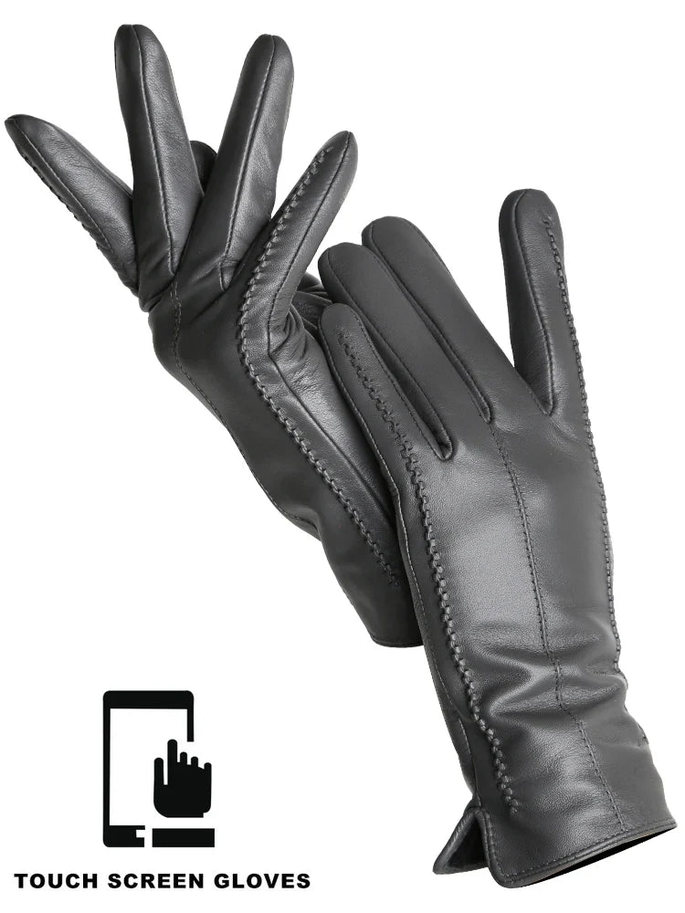 Women's Leather winter warm gloves with velvet thin touch screen