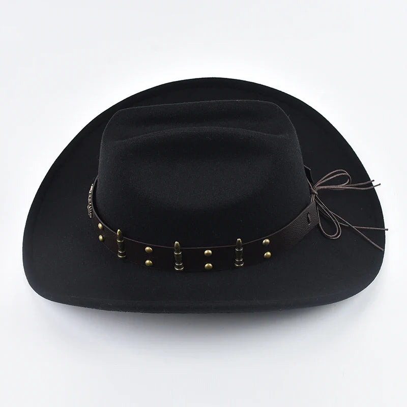 Men Women Western Cowboy Hat with Leather Vintage Big-edge Gentleman Cowgirl Hat Cloche Church Caps