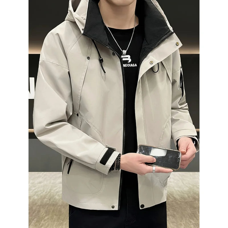 Autumn Lightweight Hooded Cargo Jacket Men Outdoor Windproof Coats Man Korean Fashionable Handsome Casual Hiking Jackets for Men