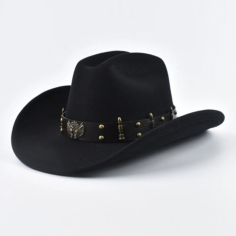 Men Women Western Cowboy Hat with Leather Vintage Big-edge Gentleman Cowgirl Hat Cloche Church Caps