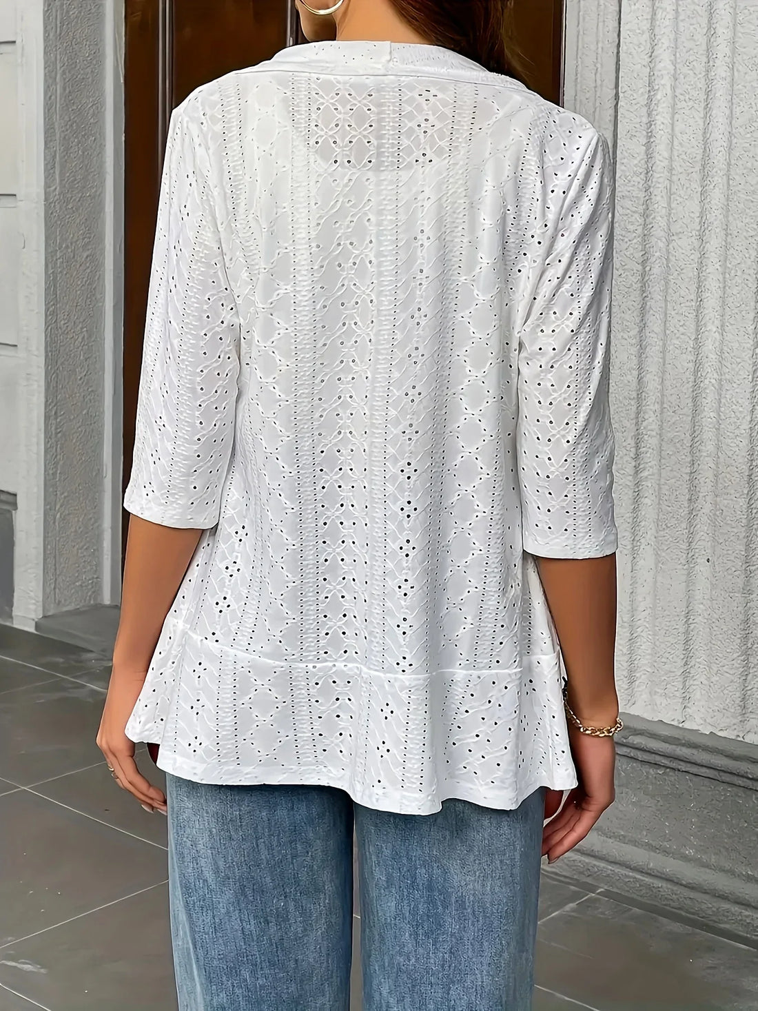 Women's Eyelet Embroidery Blazer Open Front 3/4 Sleeve Lightweight Casual Office Cardigan