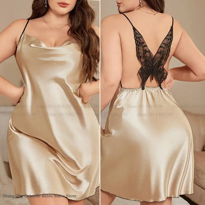 Plus Size 3XL-5XL Women Nightgown Chemise Satin Sleepwear Sexy Backless Butterfly Lace