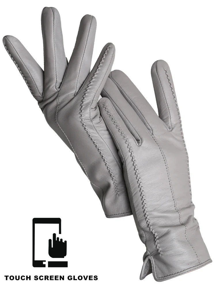Women's Leather winter warm gloves with velvet thin touch screen