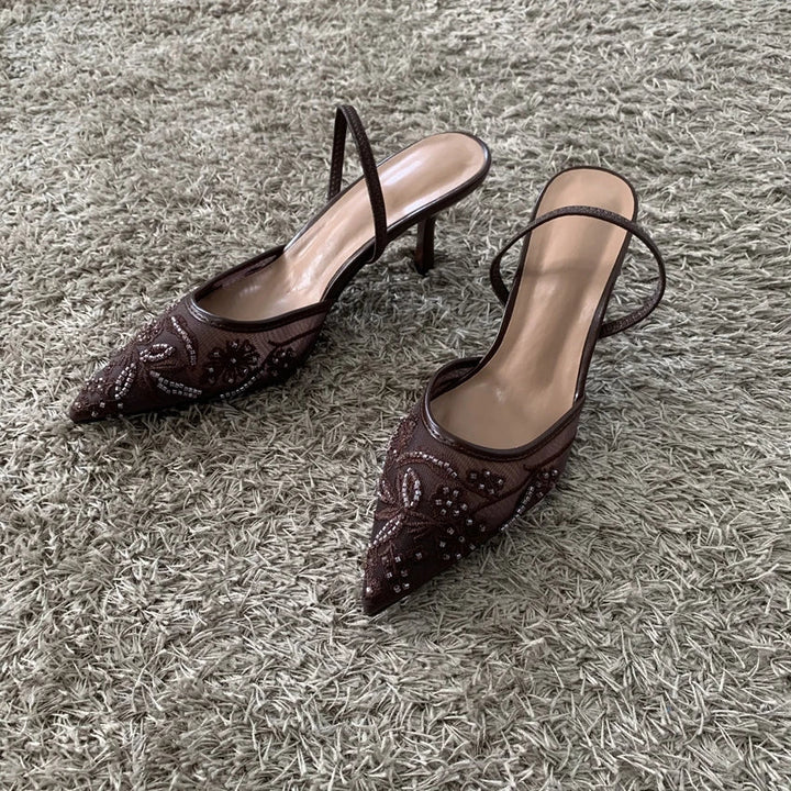 2026 String Bead Mesh Embroider Slingback High Heels Women Sexy Pointed Toe Heeled Sandals Summer Elegant Luxury Designer Shoes