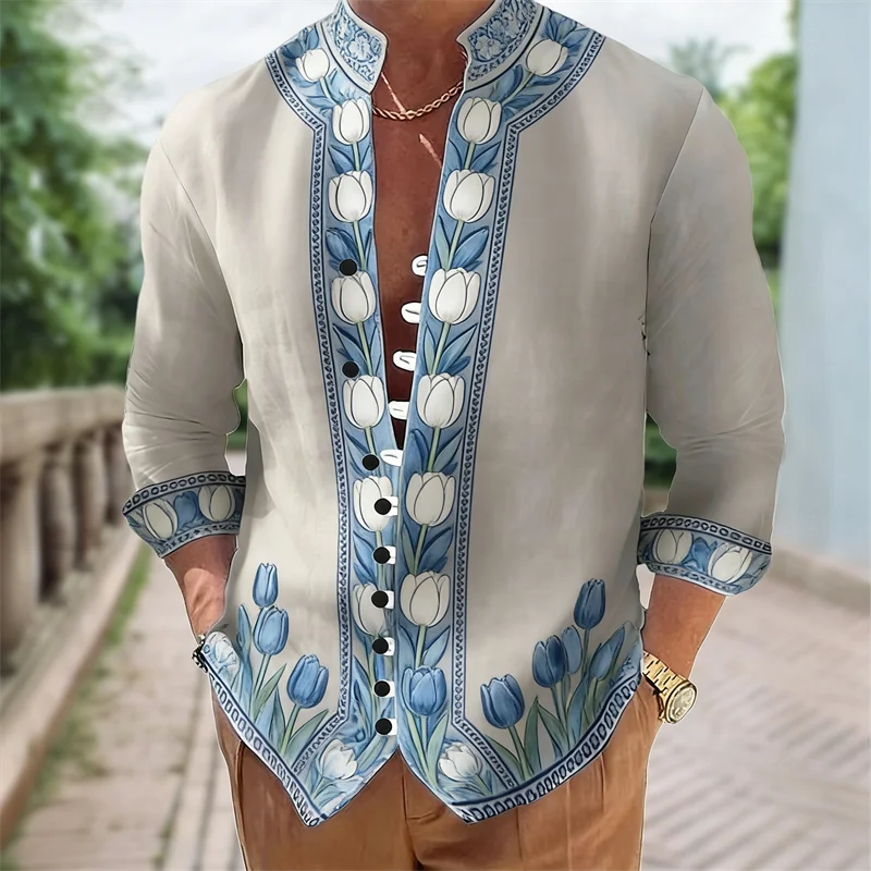Men's long sleeved shirt with Harajuku style 3D flower print