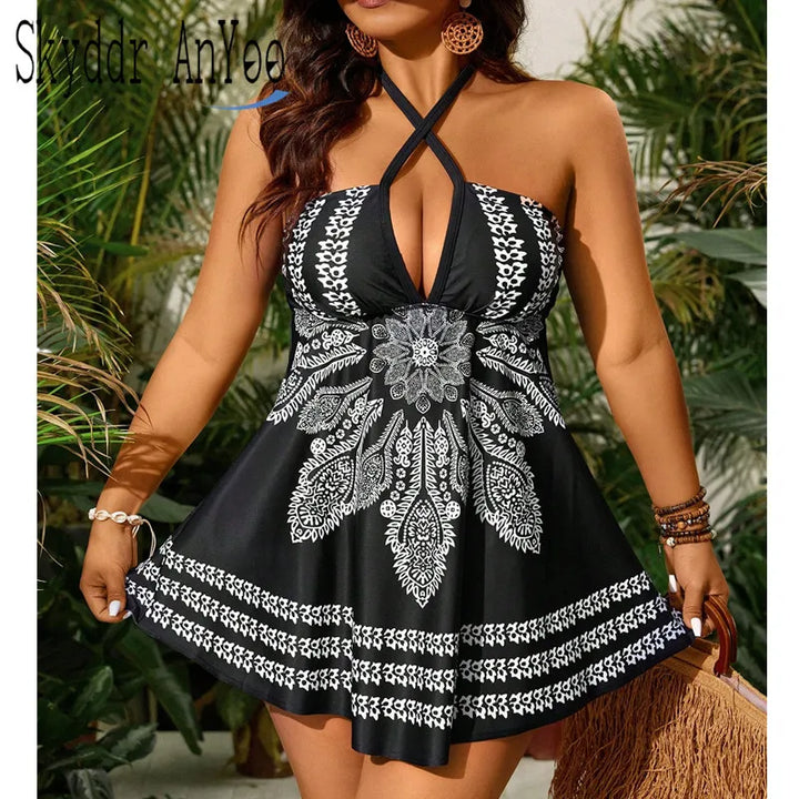 Plus Size Vintage Printed Tankini Swimdress Two Piece Swimsuit