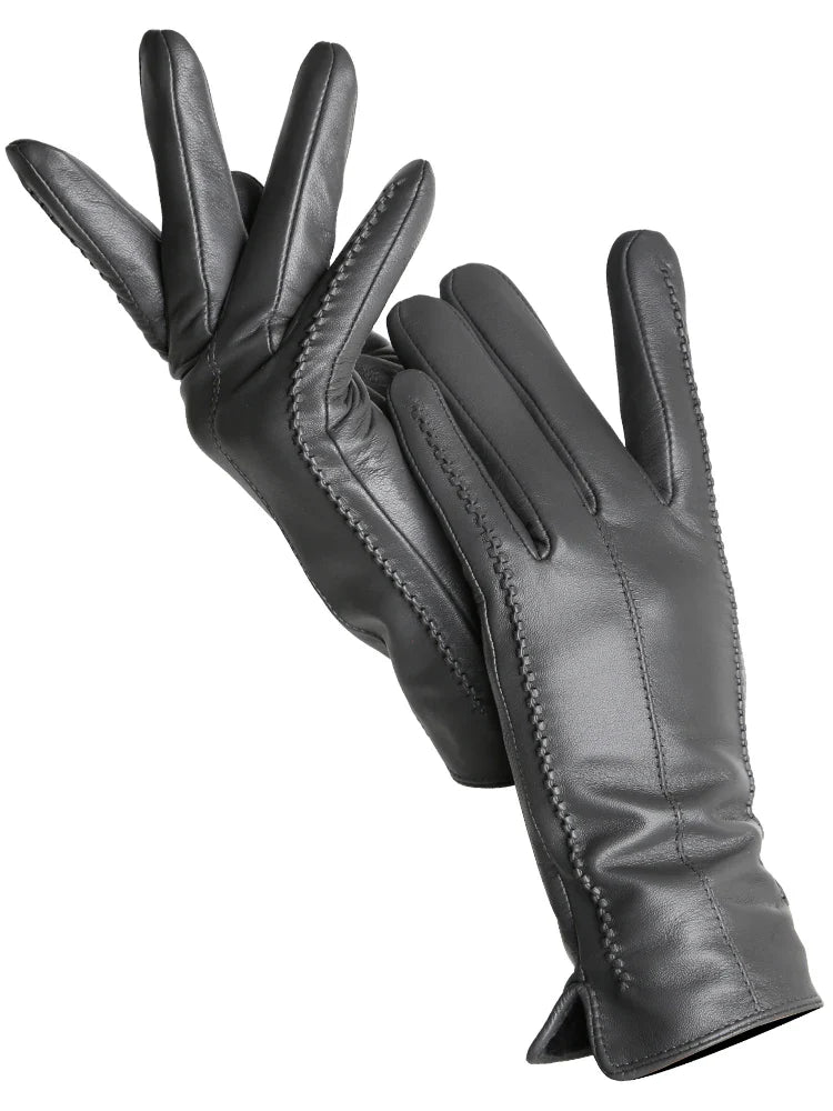 Women's Leather winter warm gloves with velvet thin touch screen