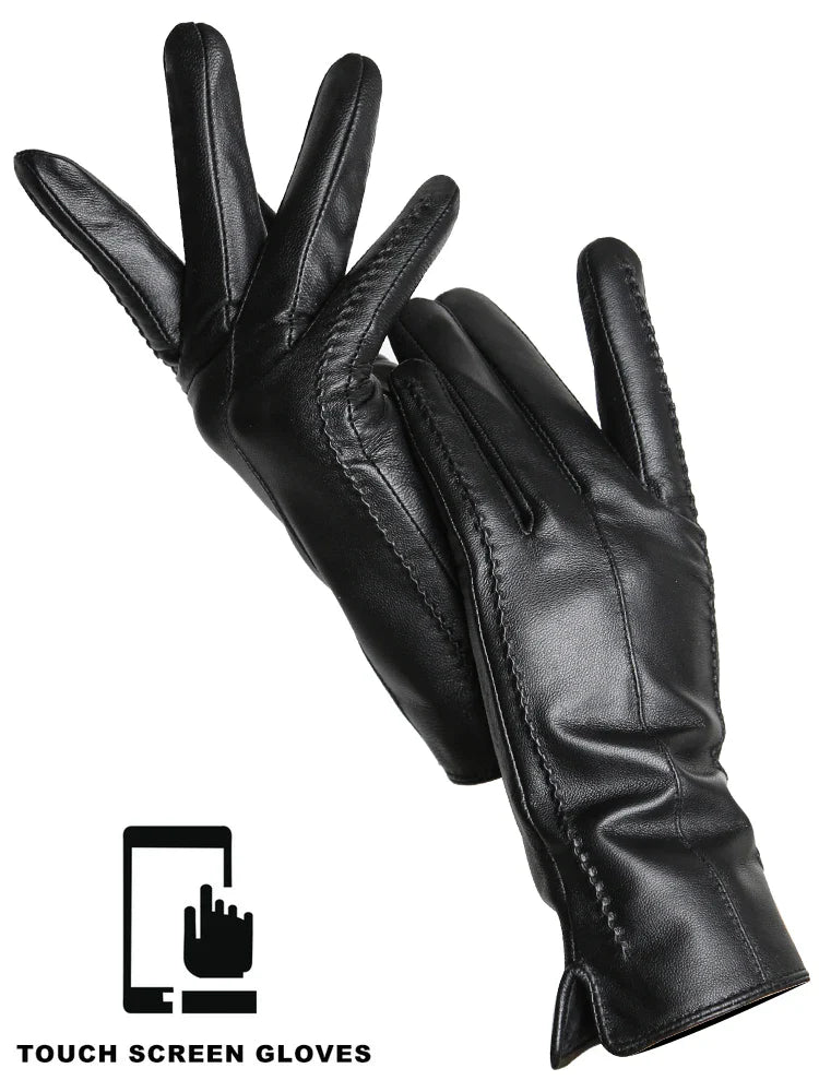 Women's Leather winter warm gloves with velvet thin touch screen
