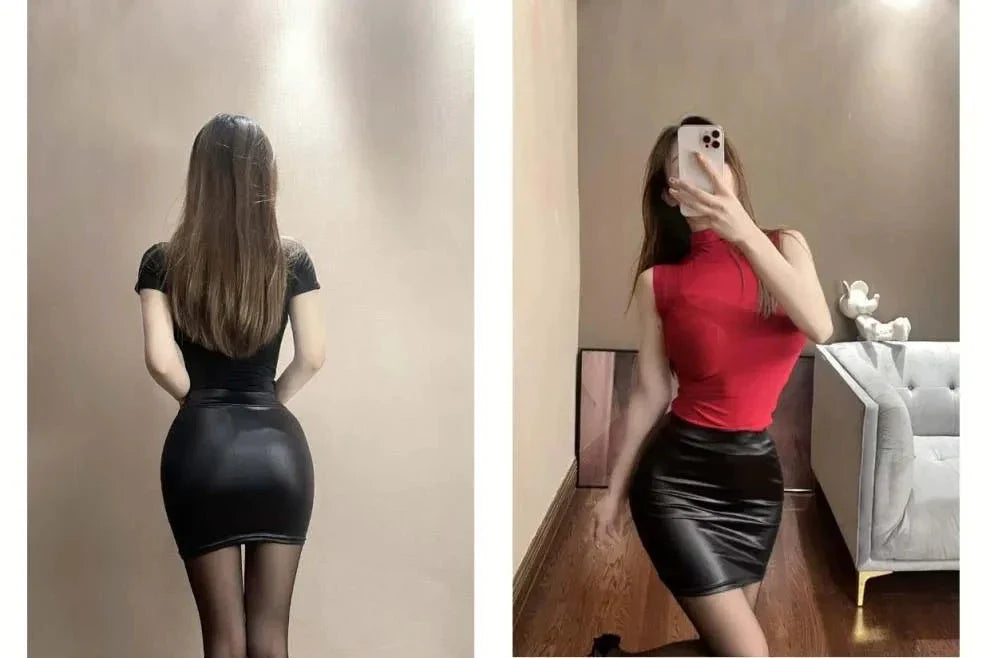Mandotos Black Imitation Leather Pencil Mini Skirt High Waist Korean Fashion Women Wholesale Summer
