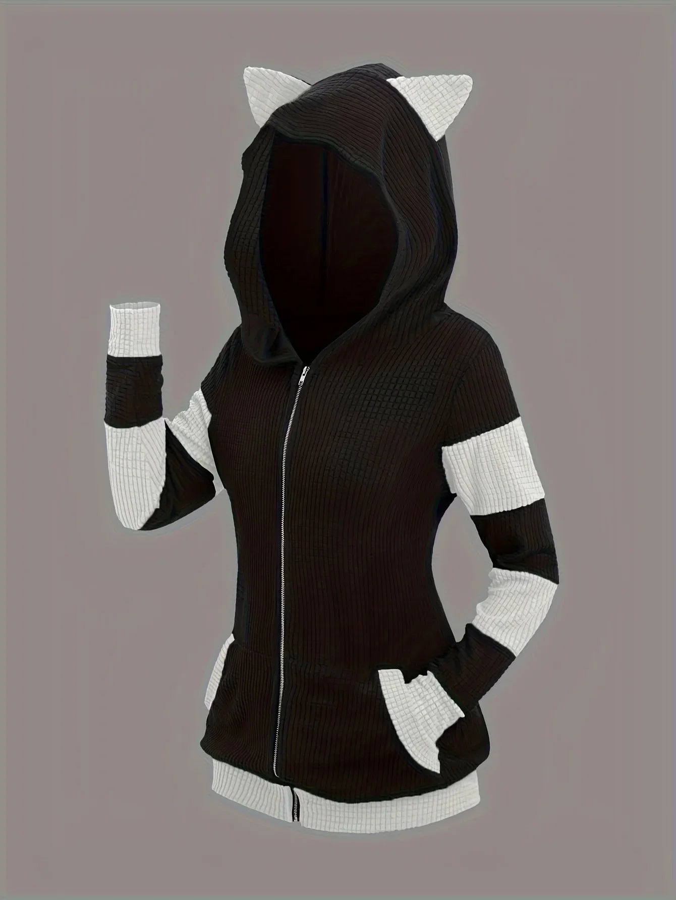 2024 European and American fashion women's new thick cat ears in autumn and winter long color matching hooded sweater coat