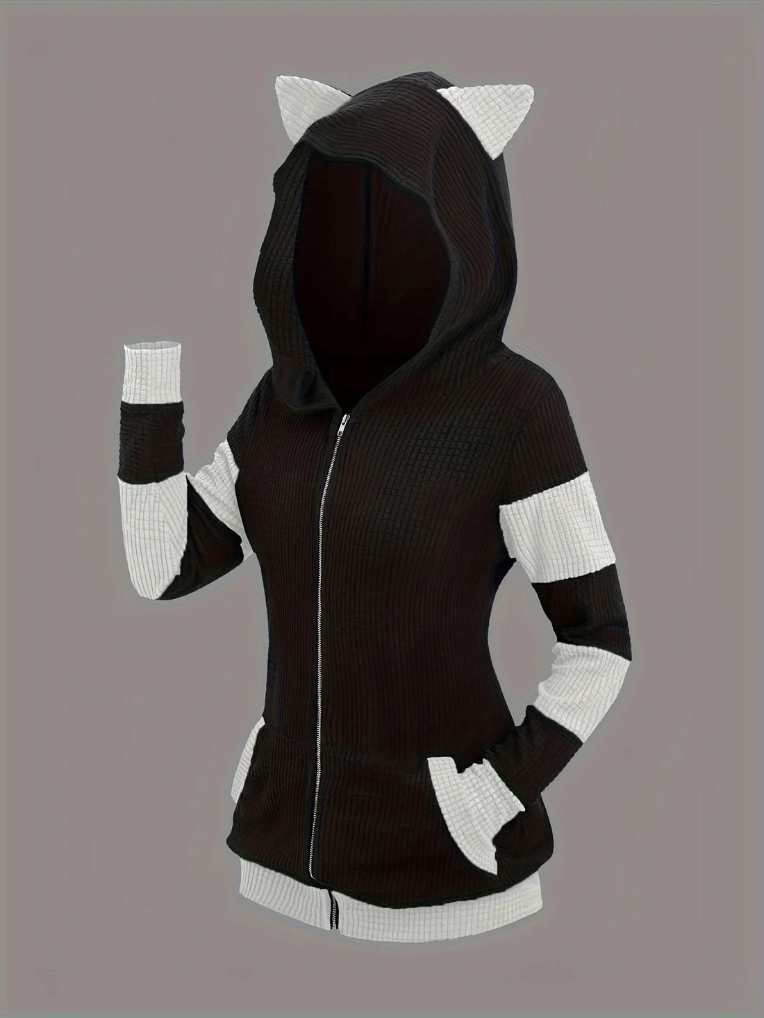 2024 European and American fashion women's new thick cat ears in autumn and winter long color matching hooded sweater coat