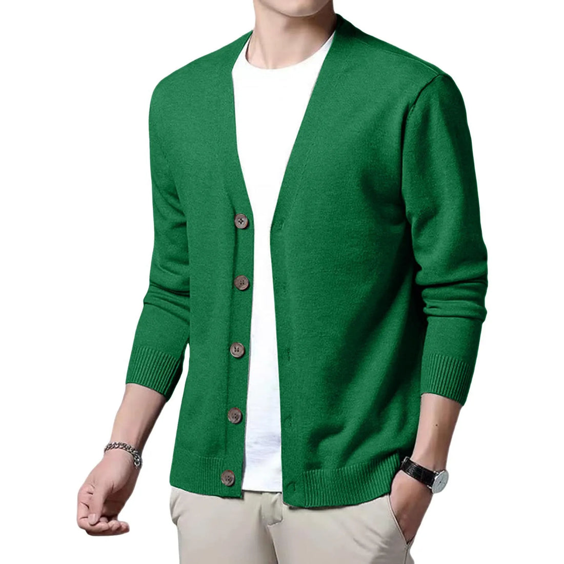 Men's V Neck Cardigan Sweater Single Breasted Ribbed Knitted