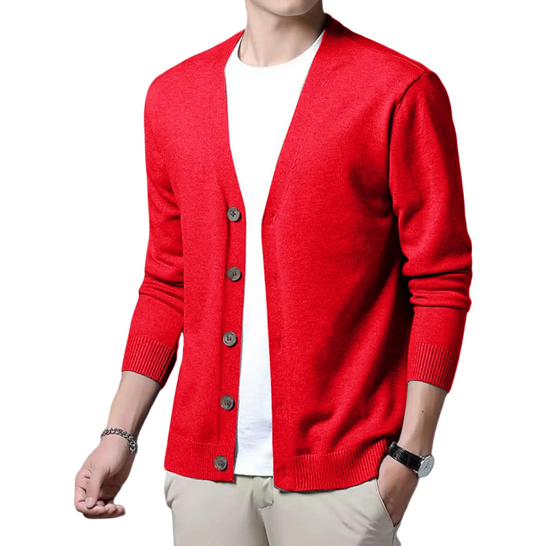 Men's V Neck Cardigan Sweater Single Breasted Ribbed Knitted